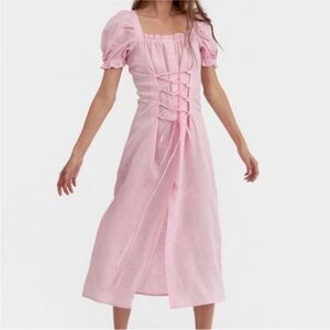 NWOT Sleeper marquise linen dress midi lace up tie corset puff sleeve pink